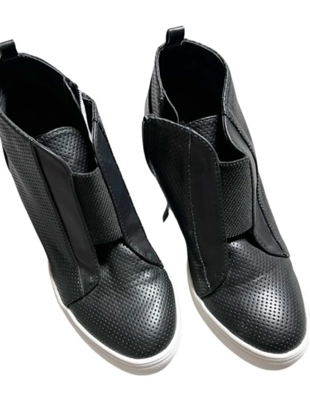 MIA Women's Black Perforated Wedge Sneaker High Top Side Zip White Sole 7.5